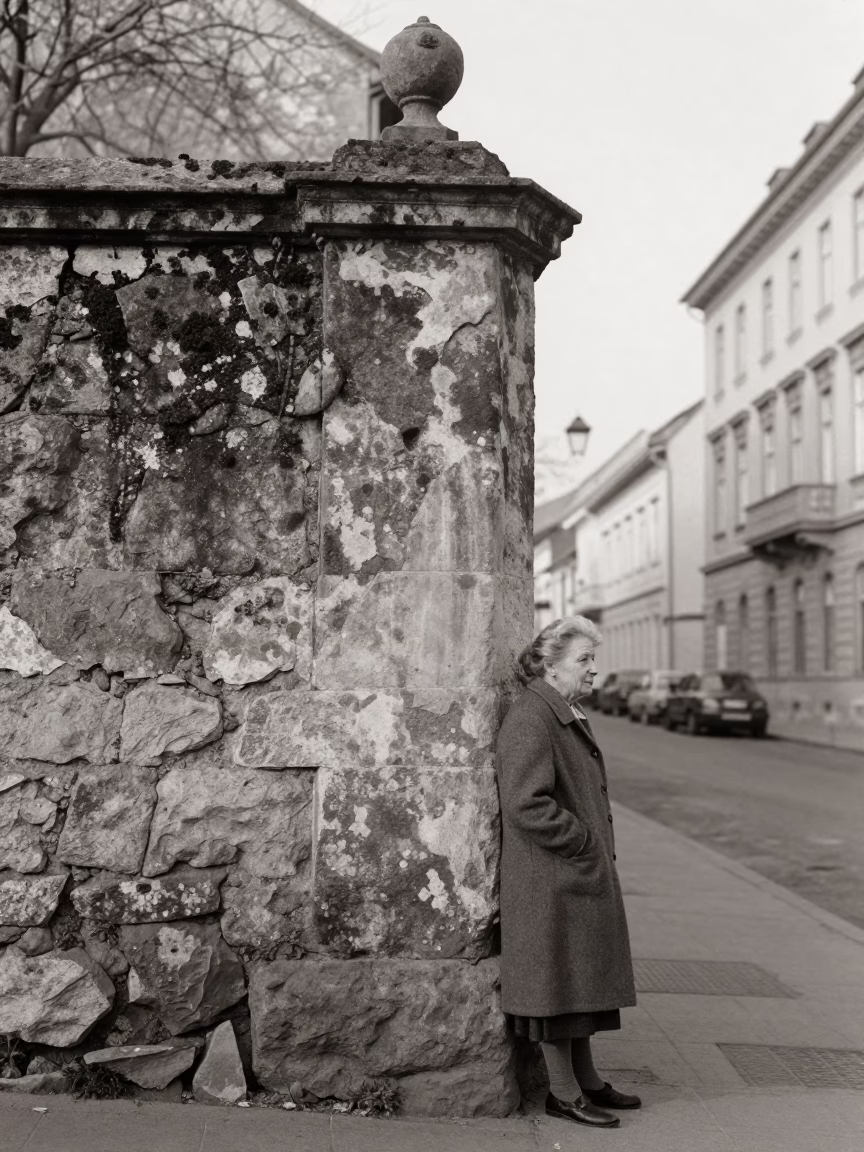 Vintage 1950s Budapest Street Scene with Mossy Stone Wall and Bicycle Basket in in Budapest, Hungary