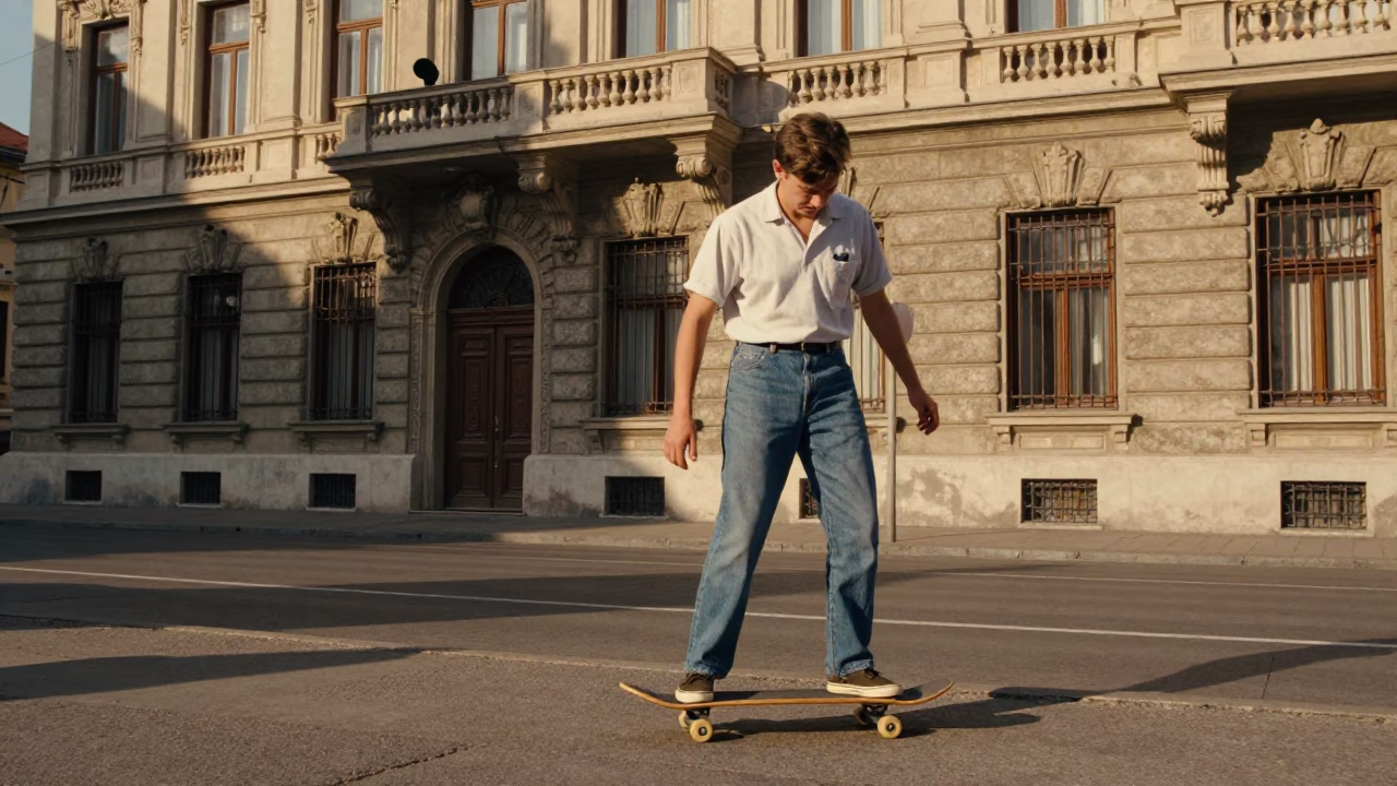 Vintage 1950s Budapest Street Scene with Skateboard and Historic Architecture in in Budapest, Hungary