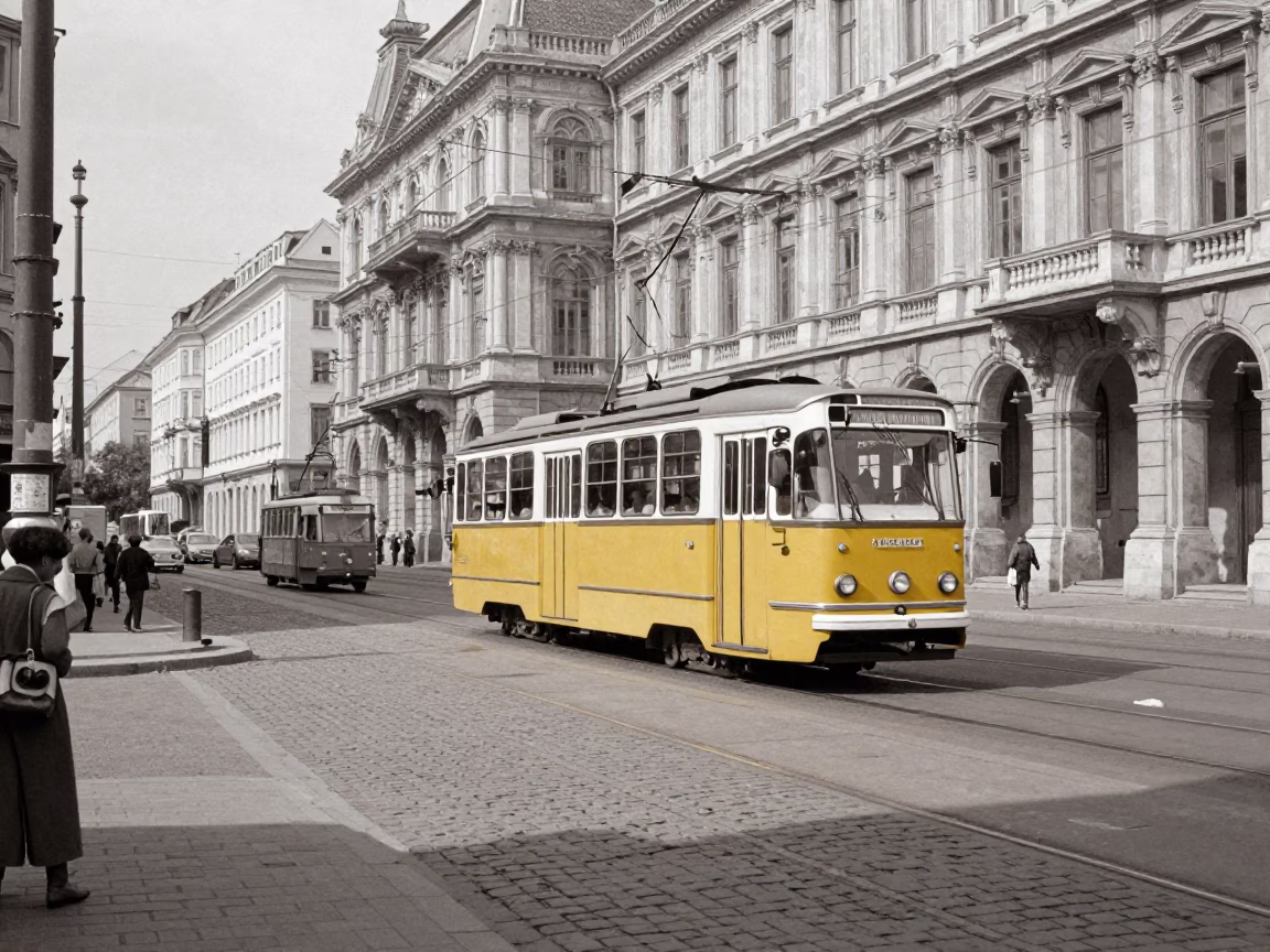 Vintage 1950s Budapest Street Scene with Tram and Historic Architecture in in Budapest, Hungary