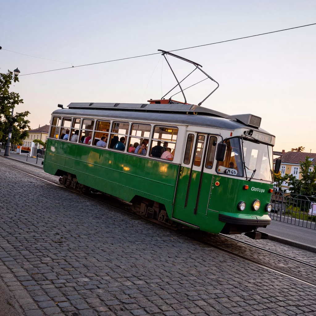 Vintage 1950s Budapest Tram Climbing Steep Hill in Early Morning Light in in Budapest, Hungary