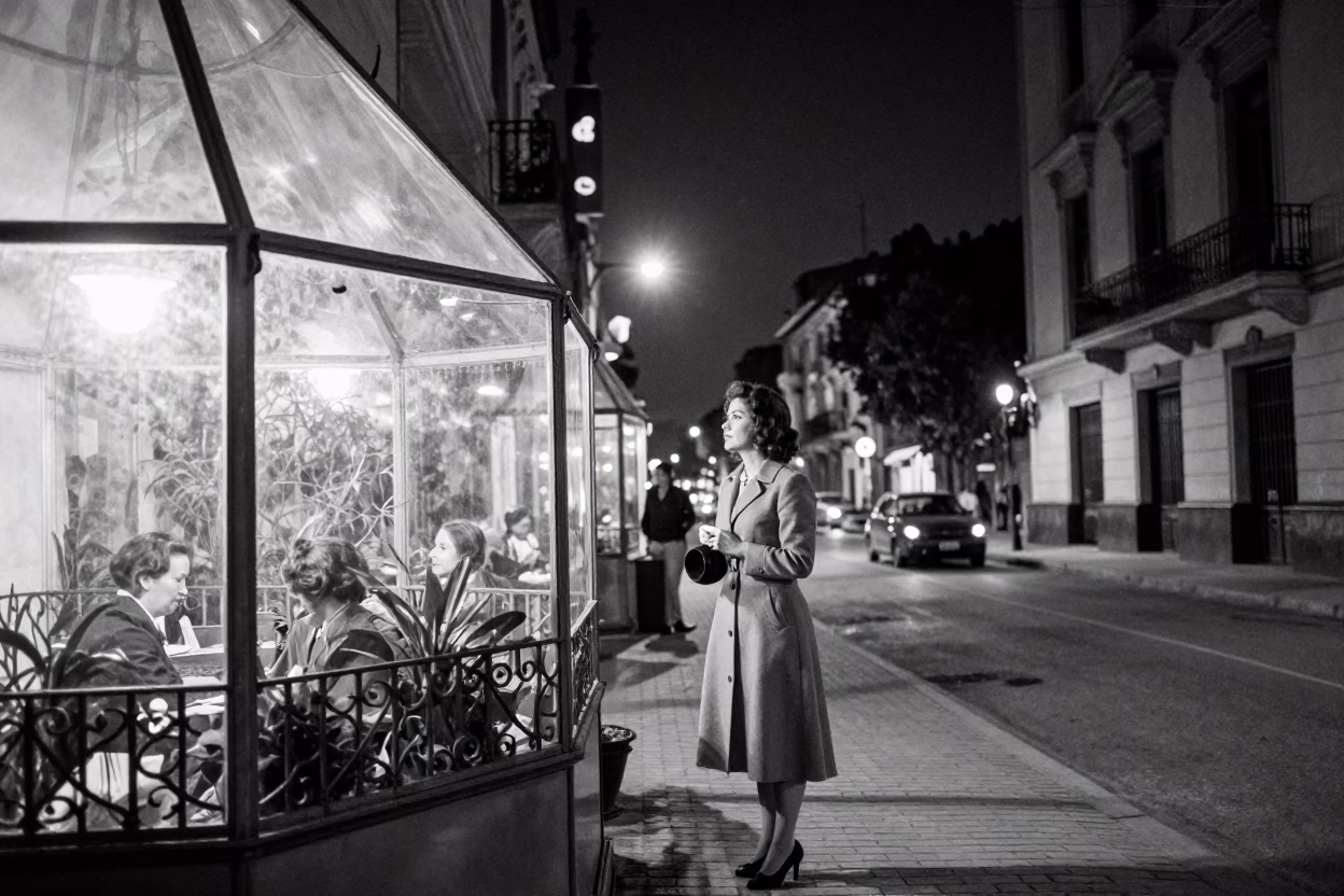 Vintage 1950s Buenos Aires Night Street Scene with Glass Terrarium and Basket in in Buenos Aires, Argentina