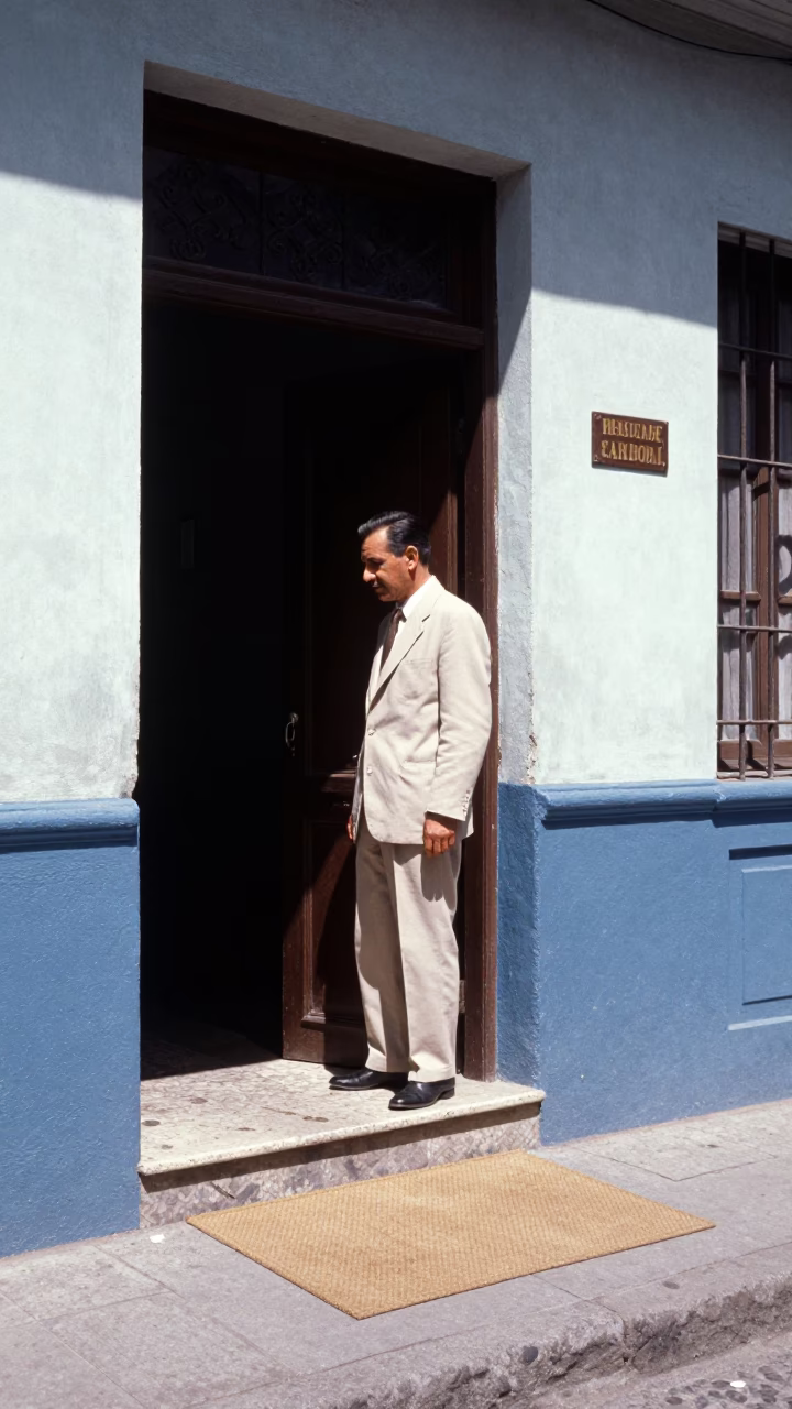 Vintage 1950s Buenos Aires Street Scene with Doormat and Local Interaction in in Buenos Aires, Argentina
