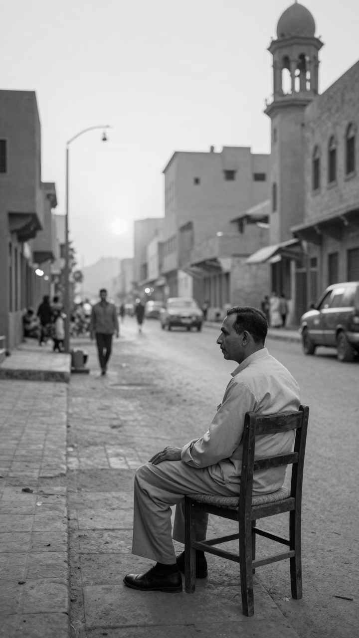 Vintage 1950s Cairo Street Scene Before Sunrise with Local Vendor and Seating in in Cairo, Egypt