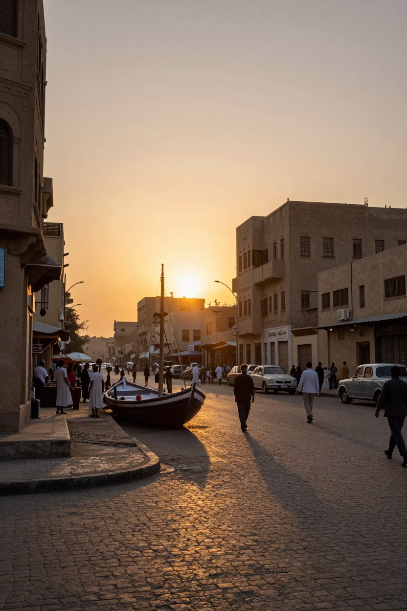Vintage 1950s Cairo Street Scene with Dhow at Sunset and Ceramic Cup in in Cairo, Egypt