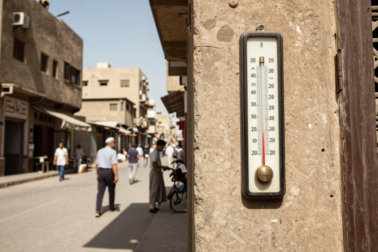 Vintage 1950s Cairo Street Scene with Latch and Thermometer Amidst Midday Activity in in Cairo, Egypt