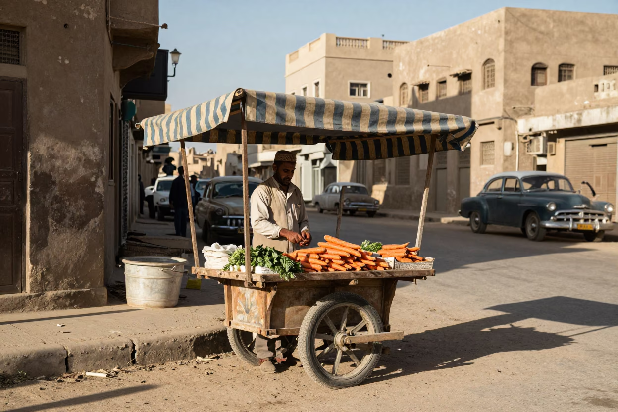 Vintage 1950s Cairo Street Scene with Local Vendor and Pedestrians in in Cairo, Egypt