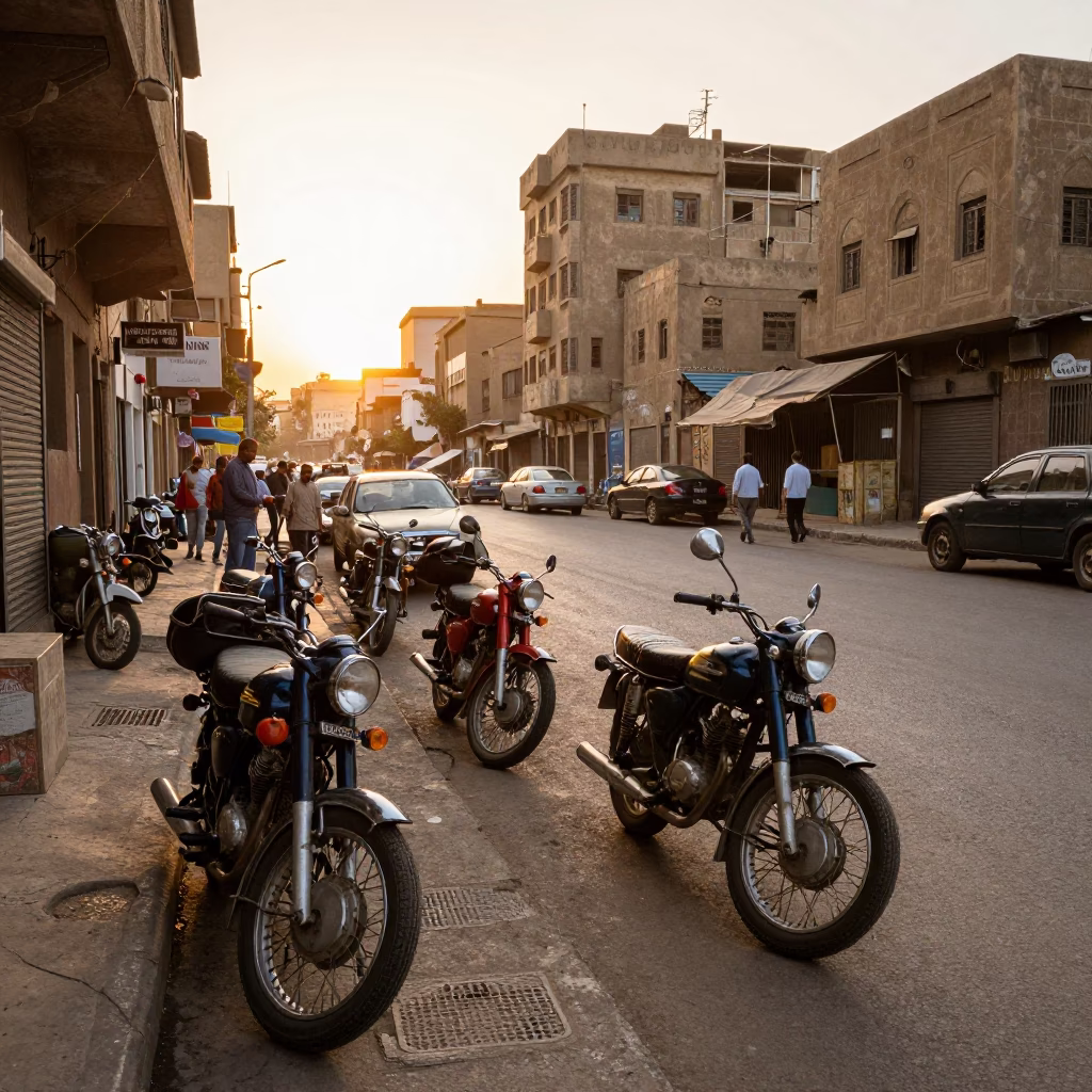 Vintage 1950s Cairo Street Scene with Motorcycles and Tomato Stalls at Sunset in in Cairo, Egypt