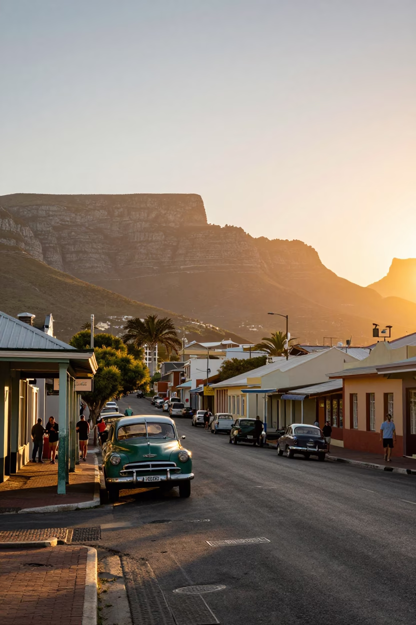 Vintage 1950s Cape Town Street Scene at Sunset with Local Market Details in in Cape Town, South Africa