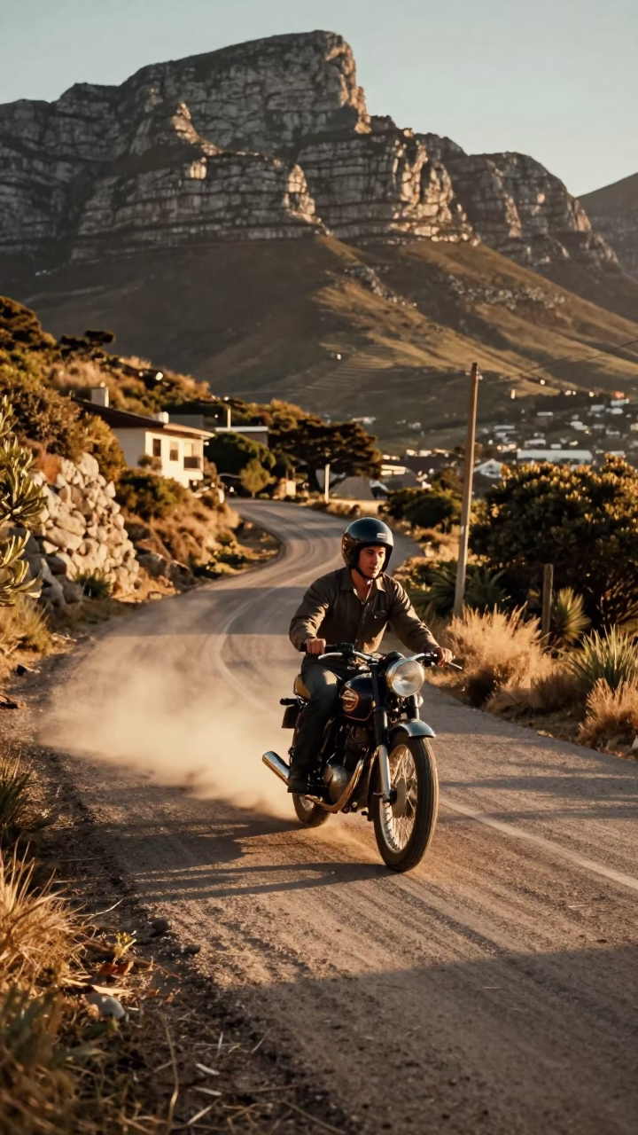 Vintage 1950s Cape Town Street Scene with Motorcycle on Mountain Switchback in in Cape Town, South Africa