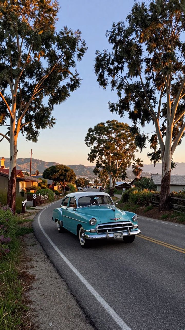 Vintage 1950s Car Rally on Los Angeles Country Road at First Light in in Los Angeles, California, United States