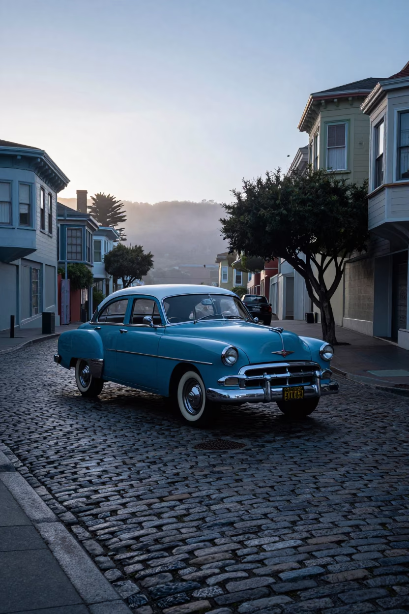 Vintage 1950s Car Rally on San Francisco Cobblestone Street Before Sunrise in in San Francisco, California, United States