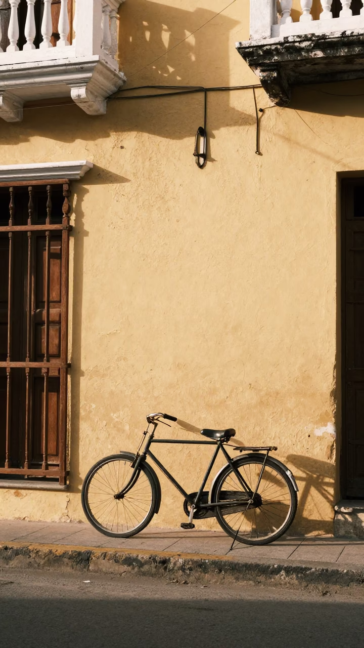 Vintage 1950s Cartagena Colombia Street Scene with Bicycle and Local Life in in Cartagena, Colombia