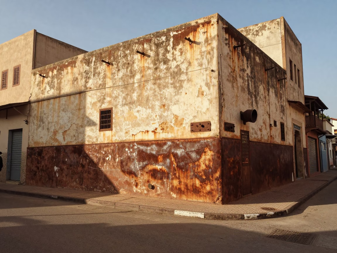 Vintage 1950s Casablanca Street Scene with Rusty Walls and Tea Stains in in Casablanca, Morocco