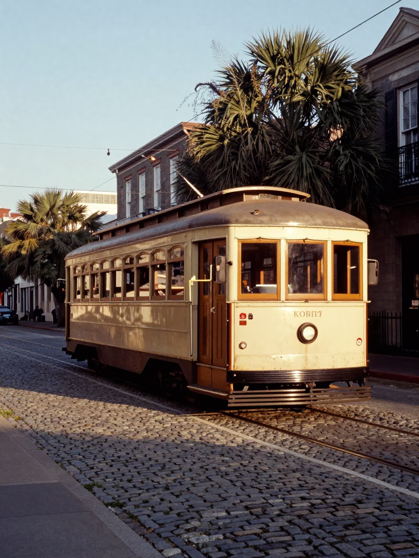 Vintage 1950s Charleston South Carolina Late Afternoon Street Scene with Heritage Tram in in Charleston, South Carolina, United States