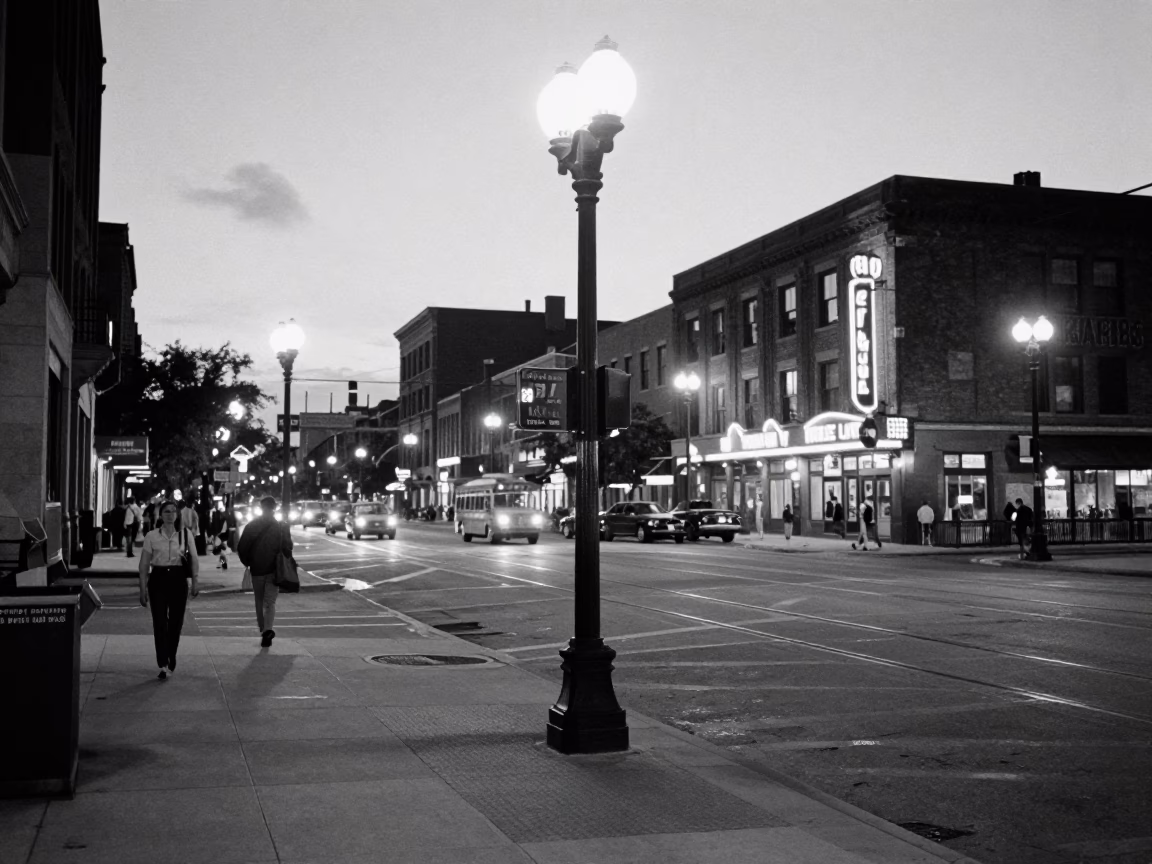 Vintage 1950s Chicago Street Corner at Dusk with Neon Signs and Pedestrians in in Chicago, Illinois, United States