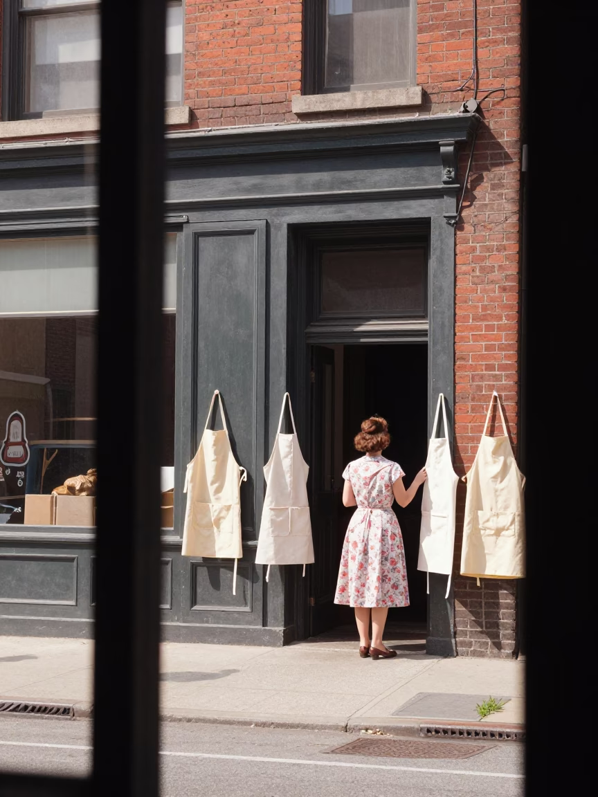 Vintage 1950s Chicago Street Scene with Aprons and Doorframe at Noon in in Chicago, Illinois, United States