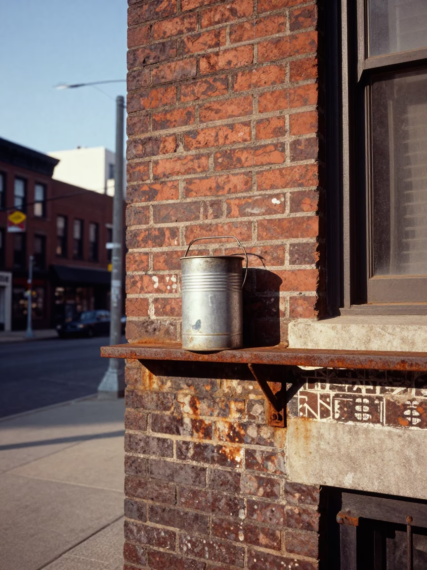 Vintage 1950s Chicago Street Scene with Canister Set on Ledge in Late Afternoon Light in in Chicago, Illinois, United States