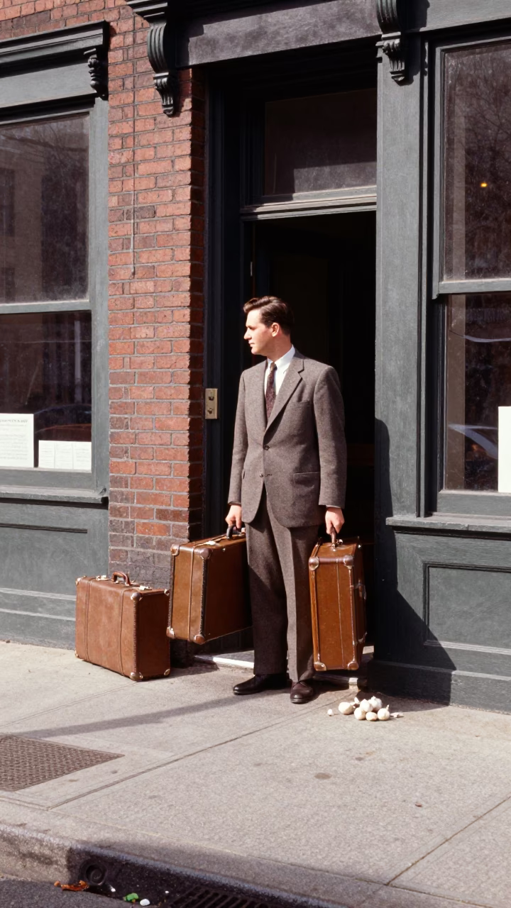 Vintage 1950s Chicago Street Scene with Suitcases and Garlic Bulbs in Early Afternoon Light in in Chicago, Illinois, United States