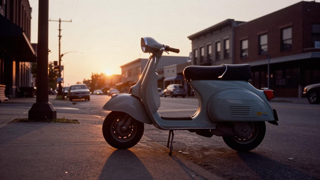 Vintage 1950s Chicago Sunset Street Scene with Parked Scooter and Urban Architecture in in Chicago, Illinois, United States