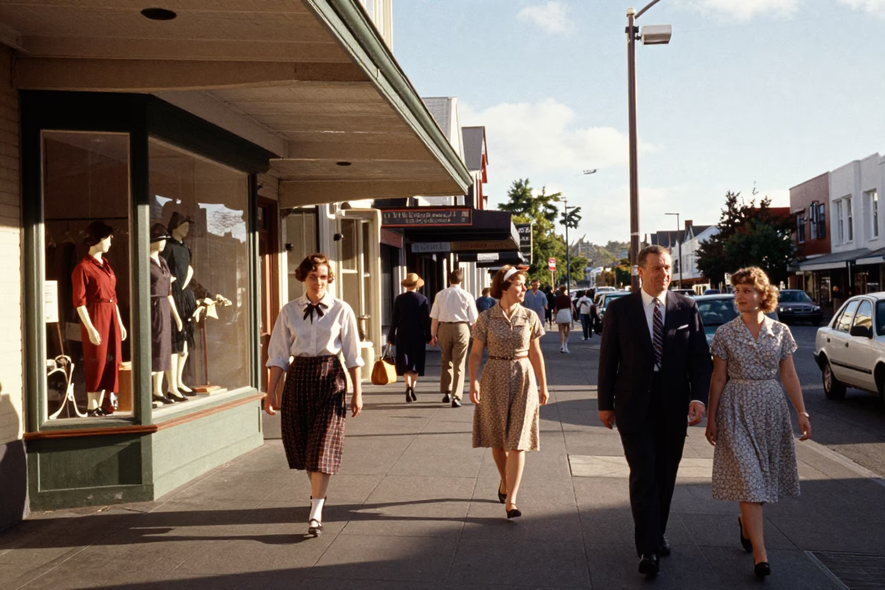 Vintage 1950s Christchurch New Zealand Street Scene Late Afternoon with Pedestrians and Classic Cars in in Christchurch, New Zealand