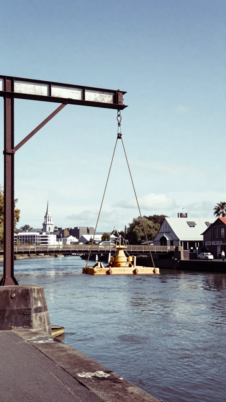 Vintage 1950s Christchurch Street Scene with Bridge Maintenance Cradle and River in in Christchurch, New Zealand