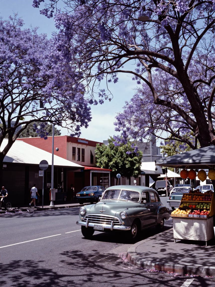 Vintage 1950s Christchurch Street Scene with Jacaranda Trees and Local Commerce in in Christchurch, New Zealand