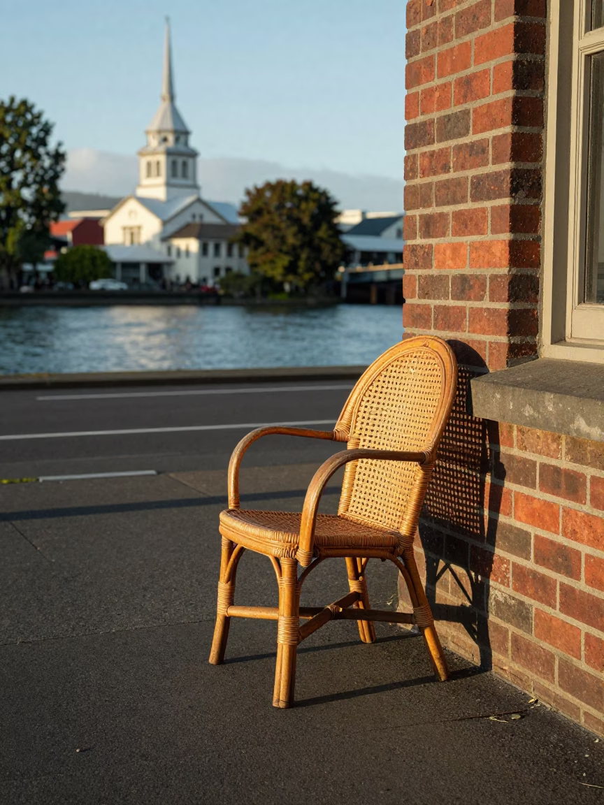 Vintage 1950s Christchurch Street Scene with Rattan Chair and Yerba Mate in in Christchurch, New Zealand