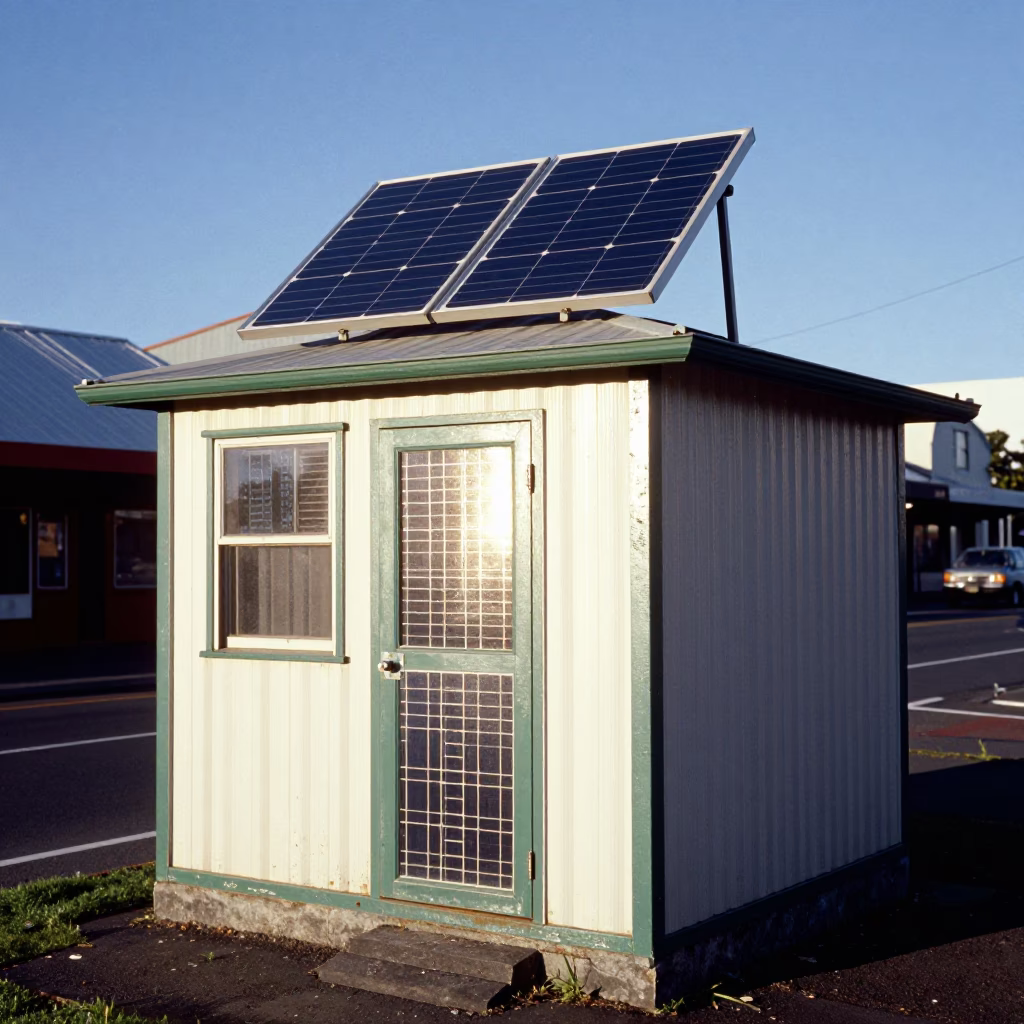 Vintage 1950s Christchurch Street Scene with Solar Inverter Cabin and Canola Field Background in in Christchurch, New Zealand