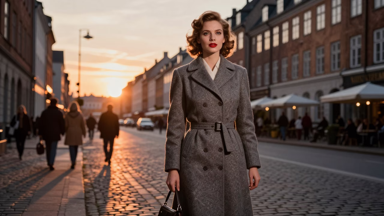 Vintage 1950s Copenhagen Street Fashion Portrait at Sunset with Classic Architecture in in Copenhagen, Denmark