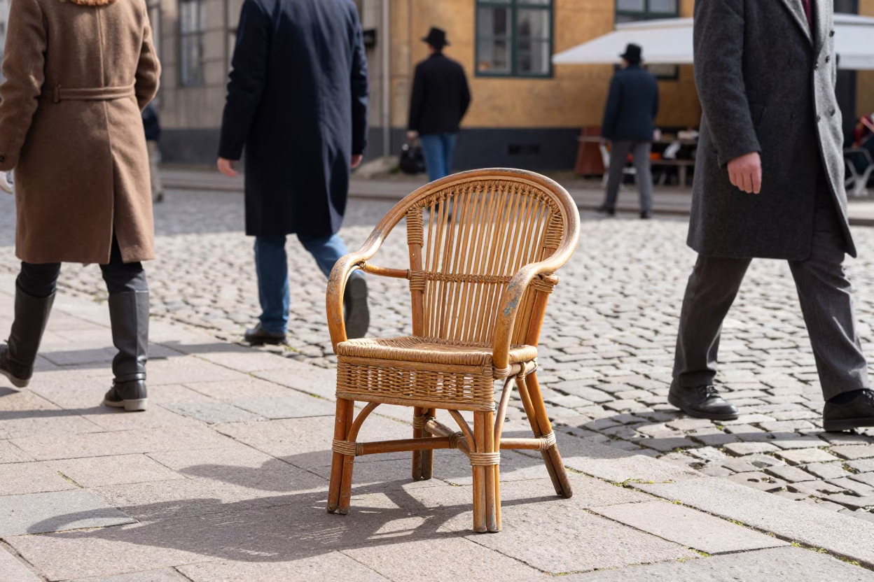 Vintage 1950s Copenhagen Street Scene with Rattan Chair and Pedestrians at Midday in in Copenhagen, Denmark