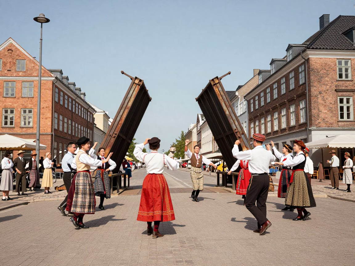 Vintage 1950s Copenhagen Street Scene with Traditional Folk Dance and Rusted Drawbridge in in Copenhagen, Denmark