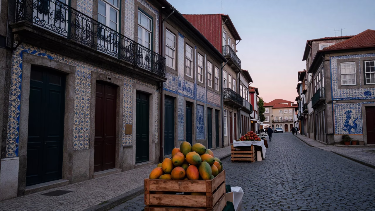 Vintage 1950s Dawn in Porto Portugal Street Scene with Local Market Goods in in Porto, Portugal