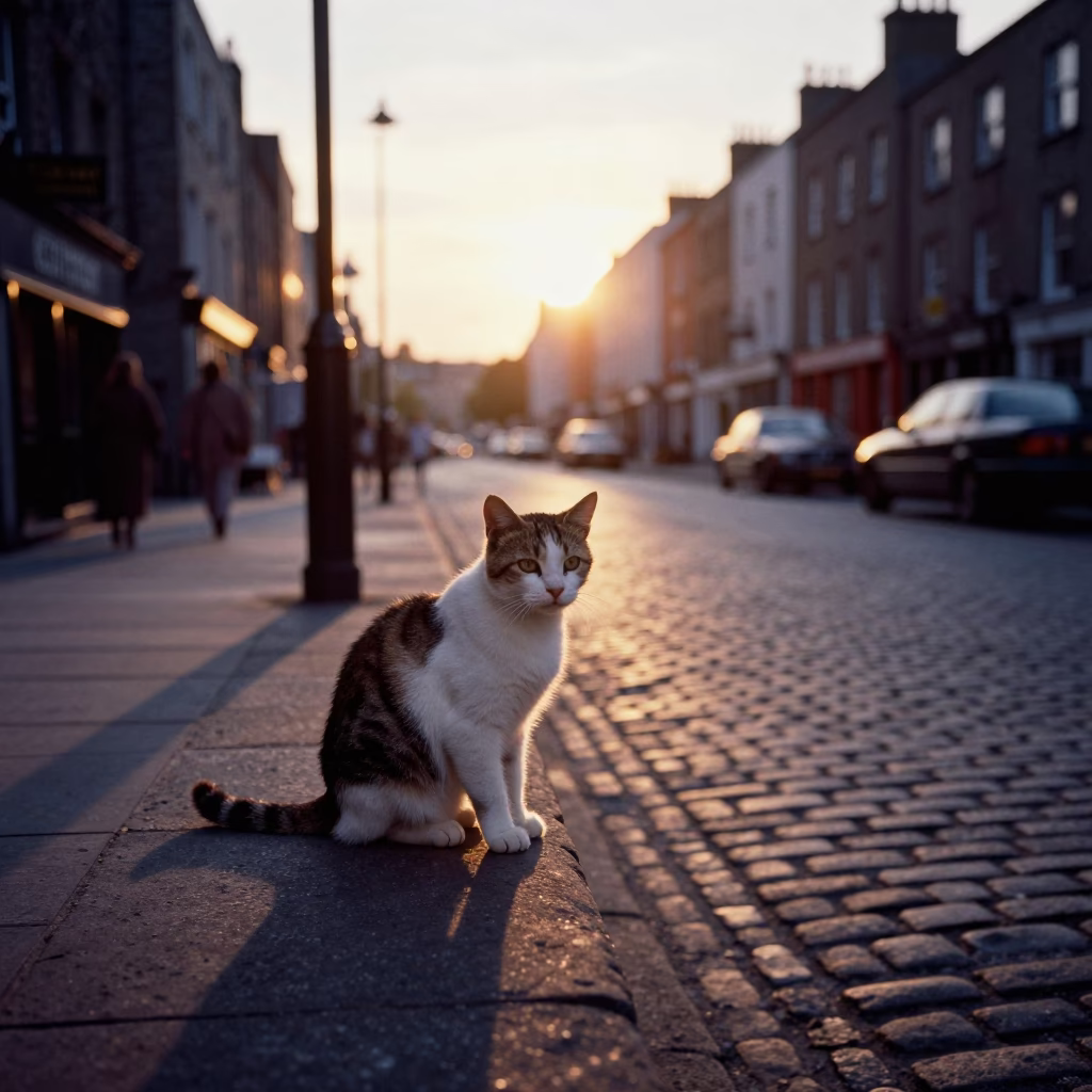 Vintage 1950s Dublin Street Scene with American Bobtail Cat and Apricots in in Dublin, Ireland