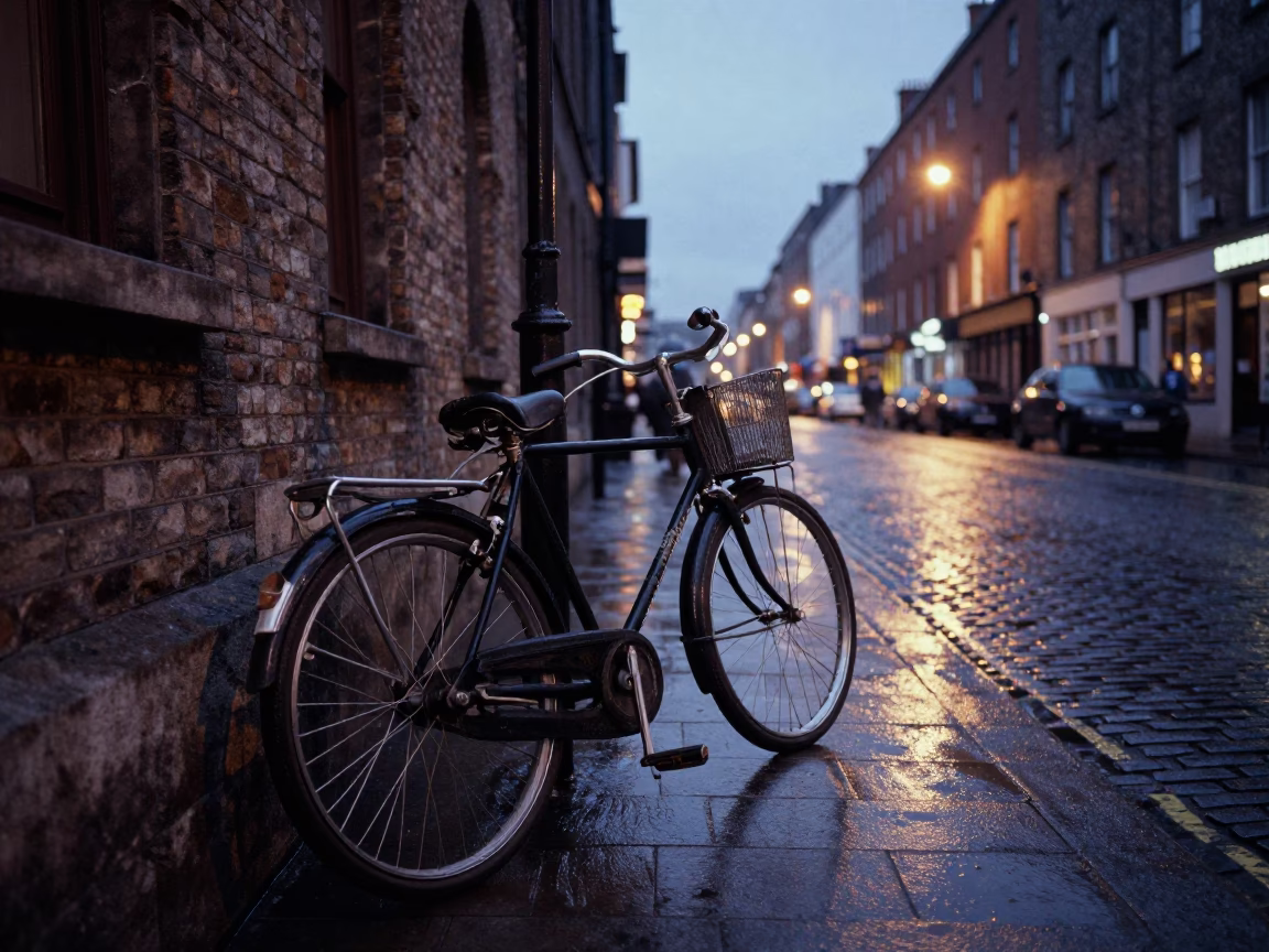 Vintage 1950s Dublin Street Scene with Classic Bicycle and Early Morning Light in in Dublin, Ireland