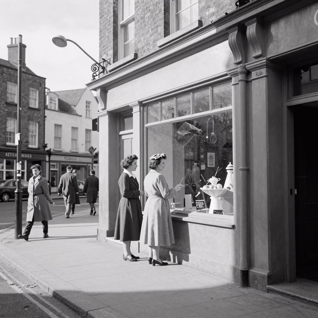 Vintage 1950s Dublin Street Scene with Ladle and Urban Architecture in in Dublin, Ireland