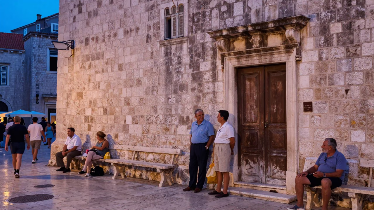 Vintage 1950s Dubrovnik Evening Street Scene with Local Residents and Traditional Architecture in in Dubrovnik, Croatia