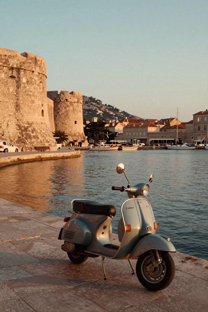 Vintage 1950s Dubrovnik Harbor Sunset Scene with Parked Scooter and Stone Architecture in in Dubrovnik, Croatia