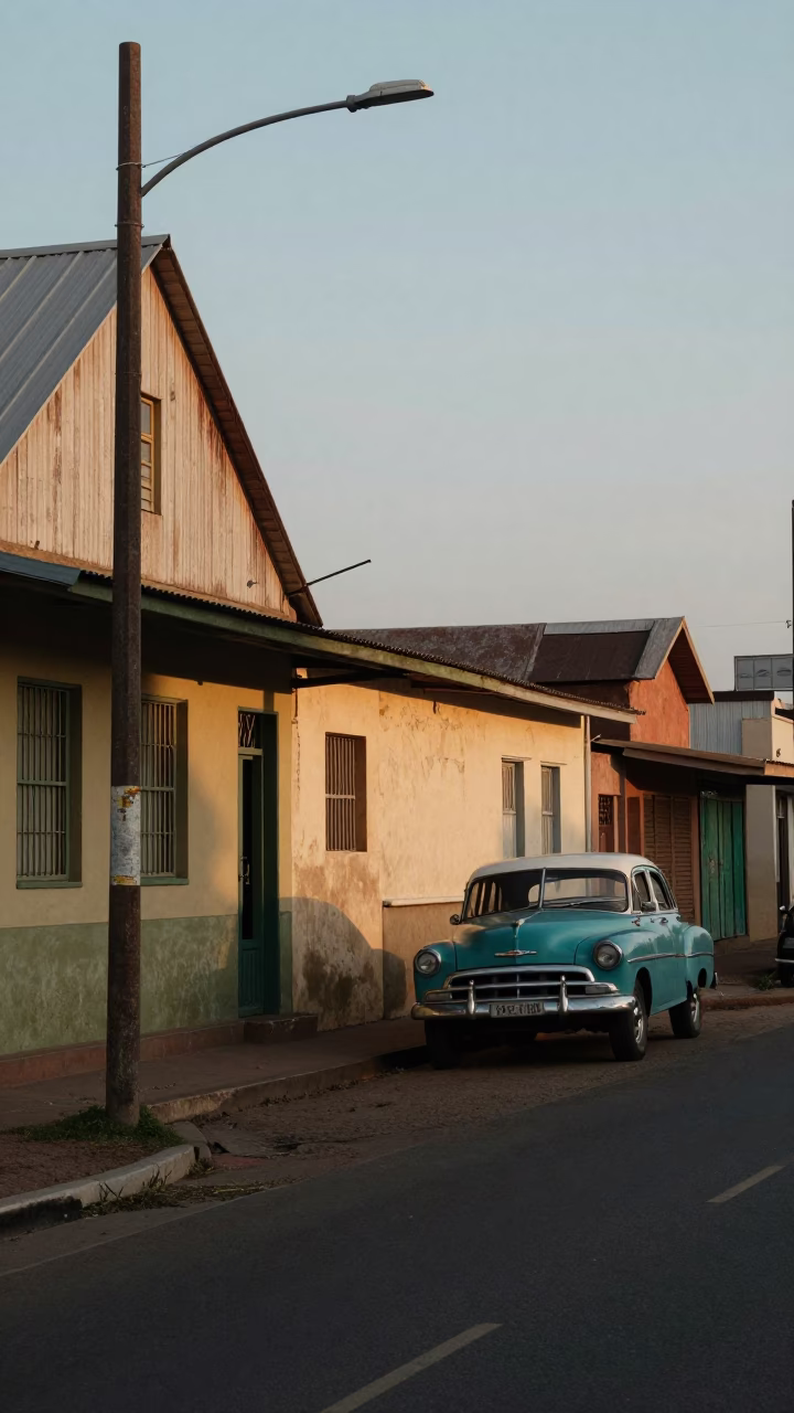 Vintage 1950s Durban Street Scene Early Evening with Step Stool and Local Commerce in in Durban, South Africa