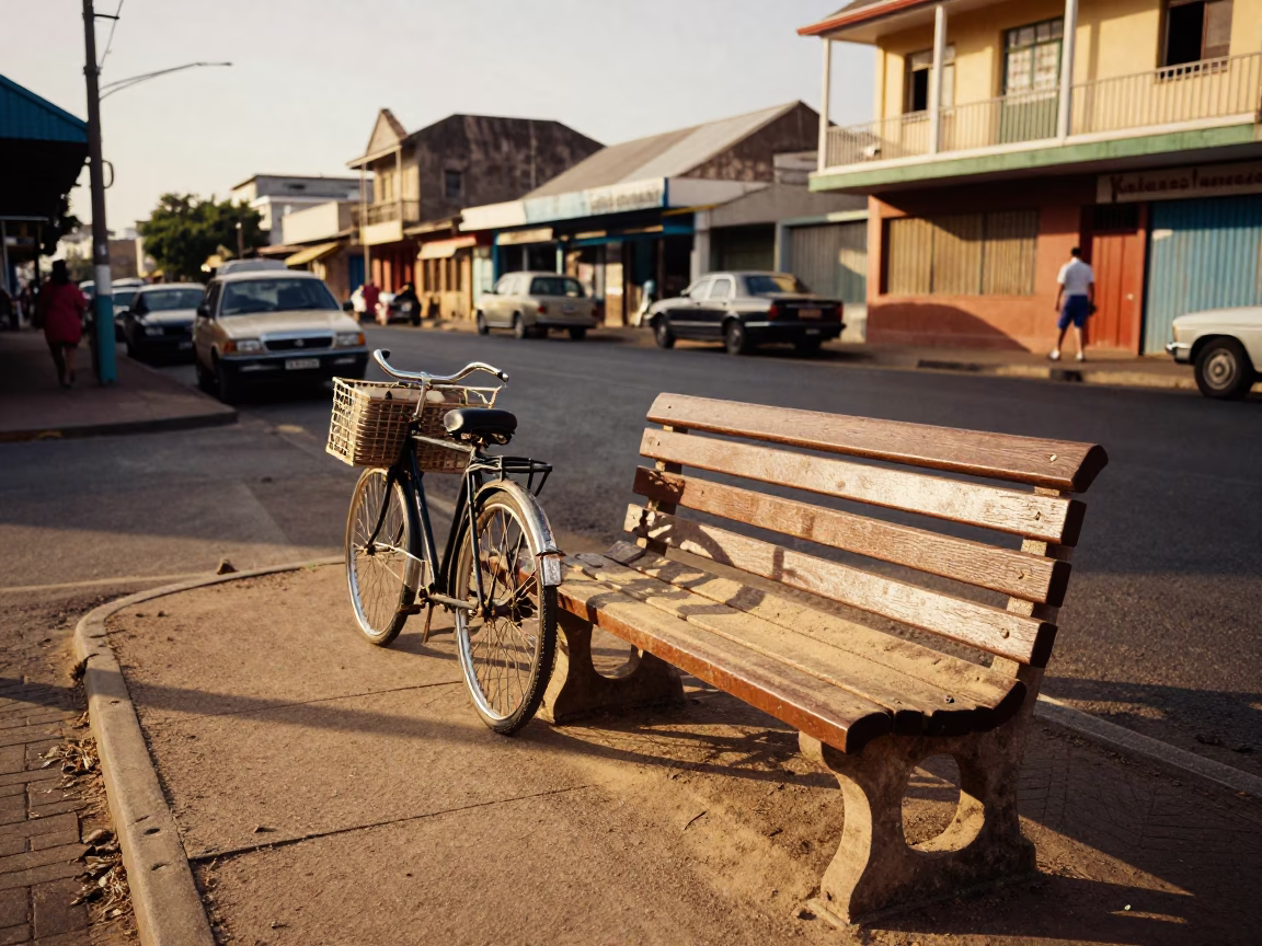 Vintage 1950s Durban Street Scene with Bicycle and Local Market Activity in in Durban, South Africa