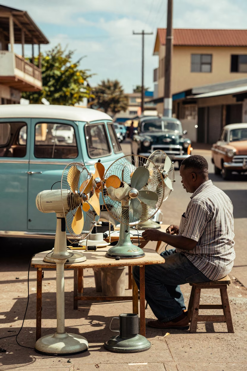 Vintage 1950s Durban Street Scene with Table Fans and Household Items in in Durban, South Africa