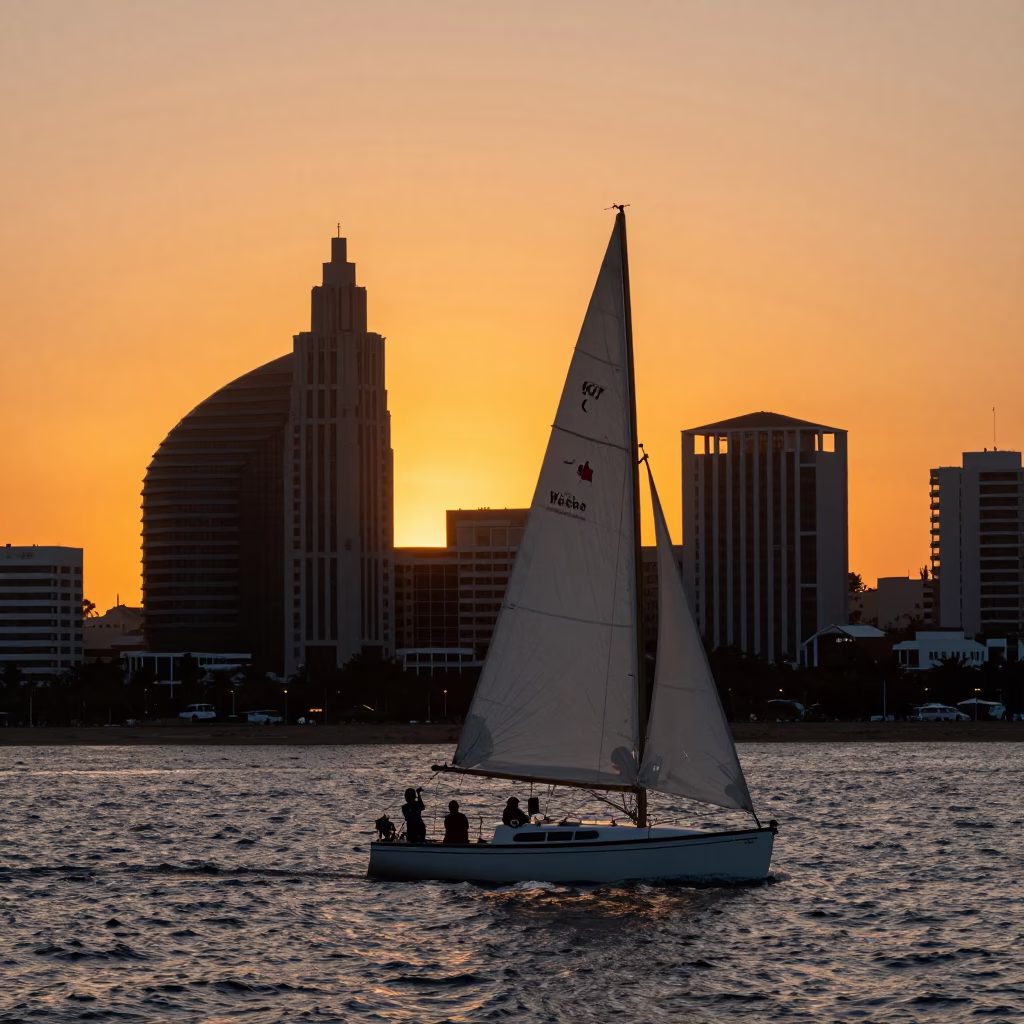 Vintage 1950s Durban Sunset Sailboat Tacking Into Headwind at Golden Hour in in Durban, South Africa
