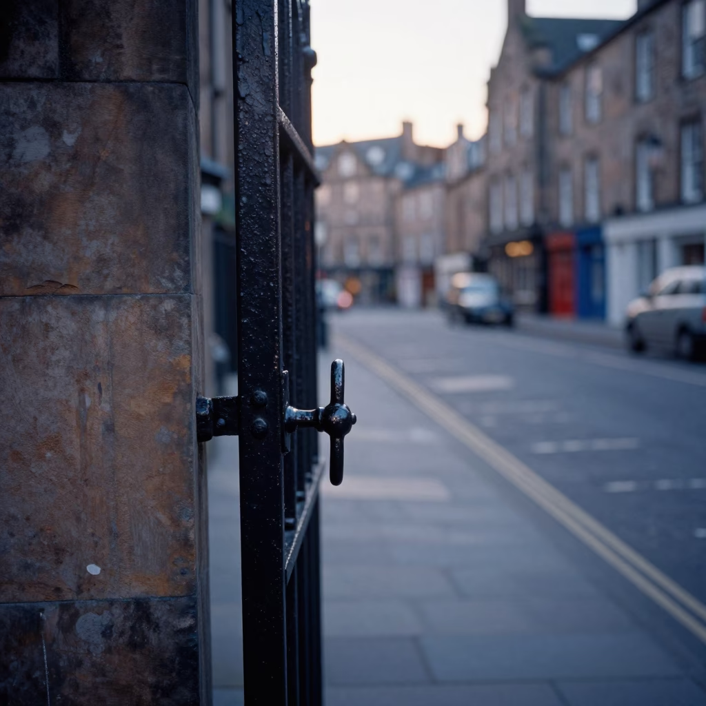 Vintage 1950s Edinburgh Street Scene Before Sunrise with Gate Handle and Bicycle in in Edinburgh, United Kingdom