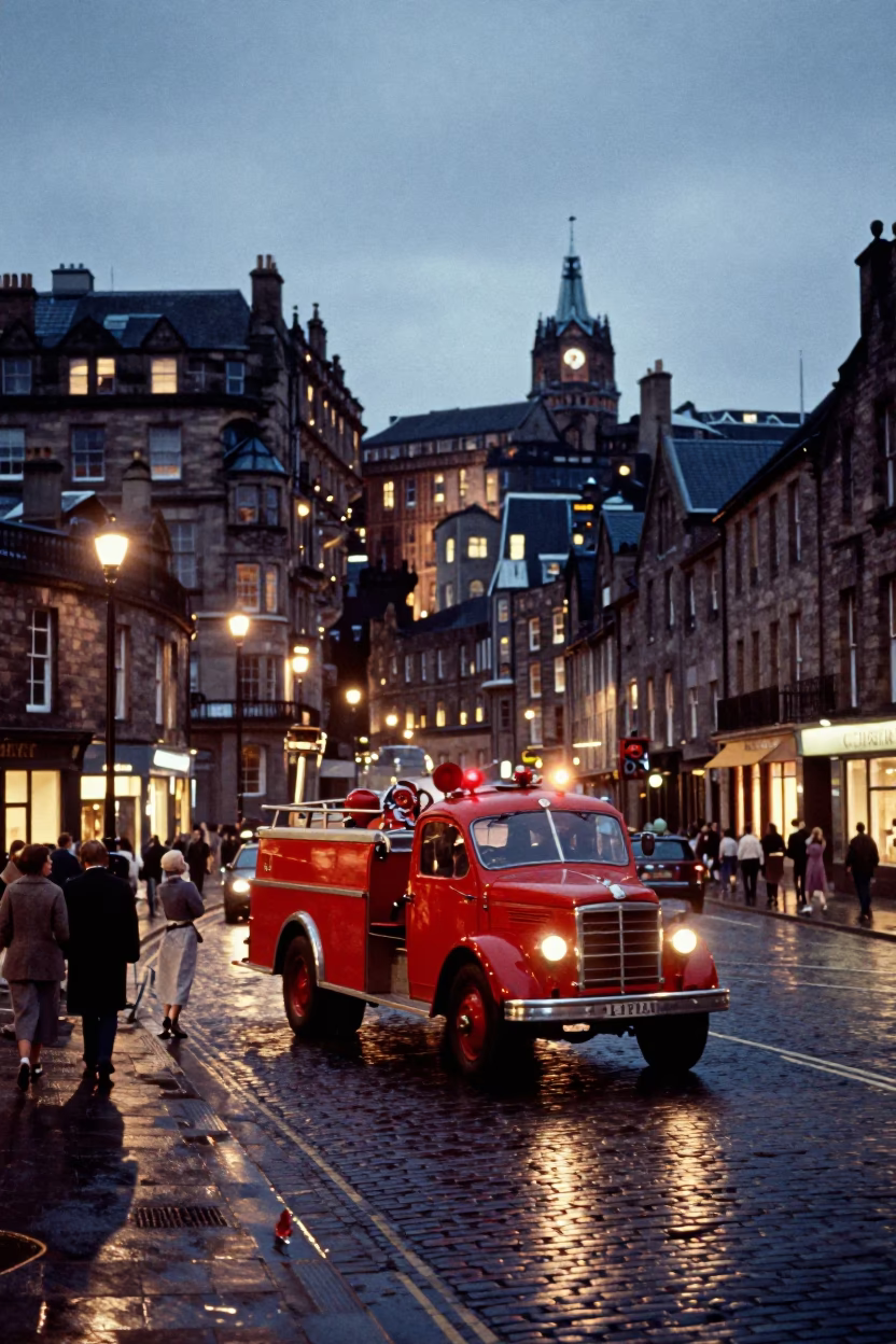 Vintage 1950s Edinburgh Street Scene with Fire Engine and City Lights in in Edinburgh, United Kingdom