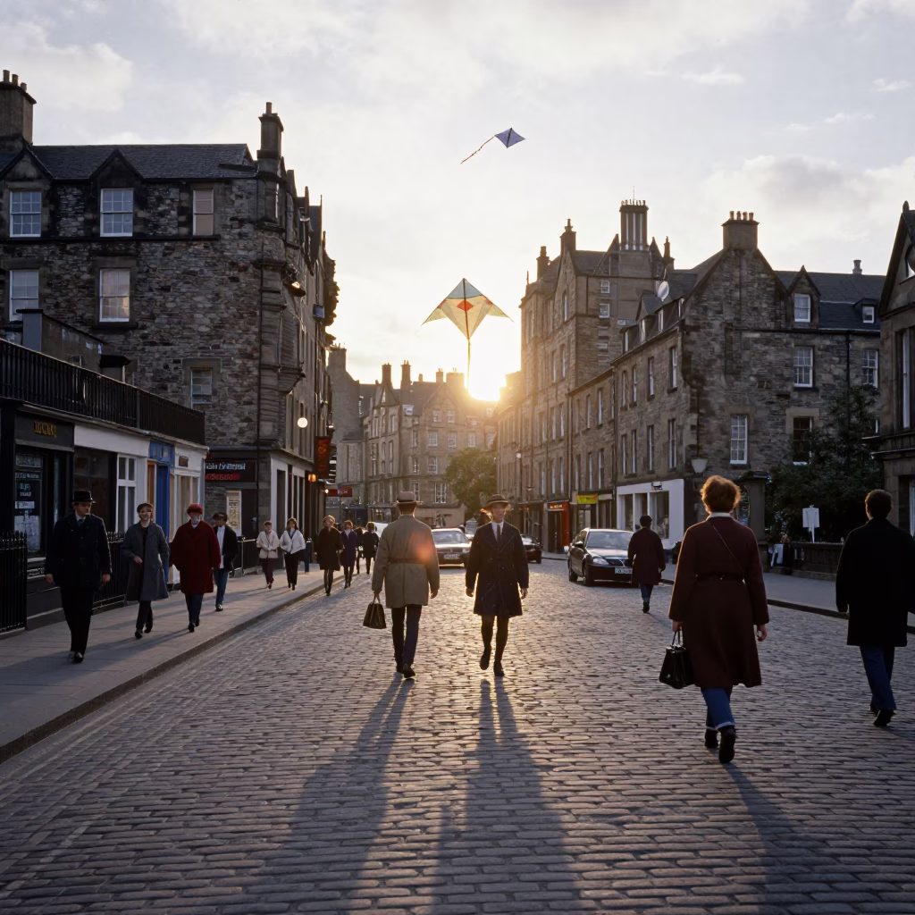 Vintage 1950s Edinburgh Street Scene with Kites Flying Near Historic Stone Architecture at Sunset in in Edinburgh, United Kingdom