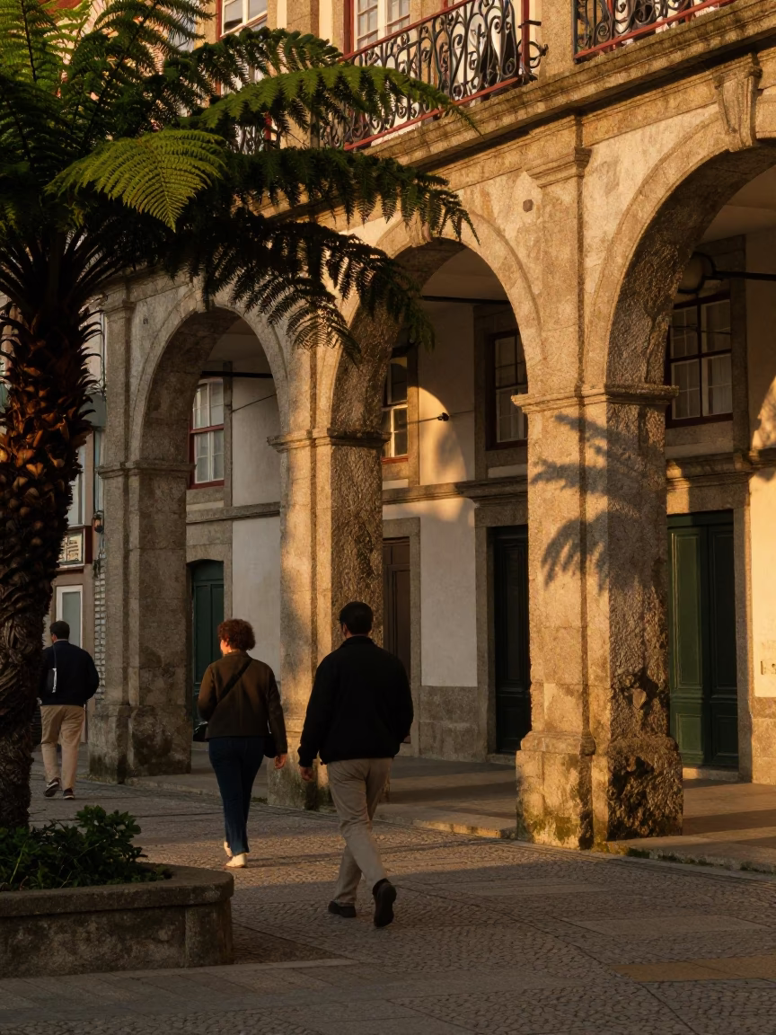 Vintage 1950s Evening Scene in Porto Portugal with Ferns and Stone Cloisters in in Porto, Portugal