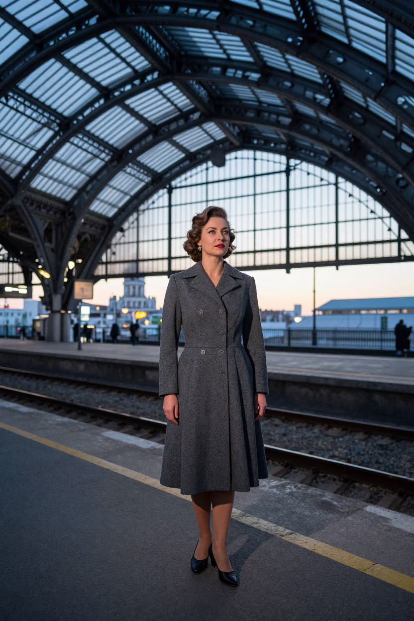 Vintage 1950s Fashion Portrait of Elegant Woman in Greyhound Coat at Brussels Train Station in in Brussels, Belgium