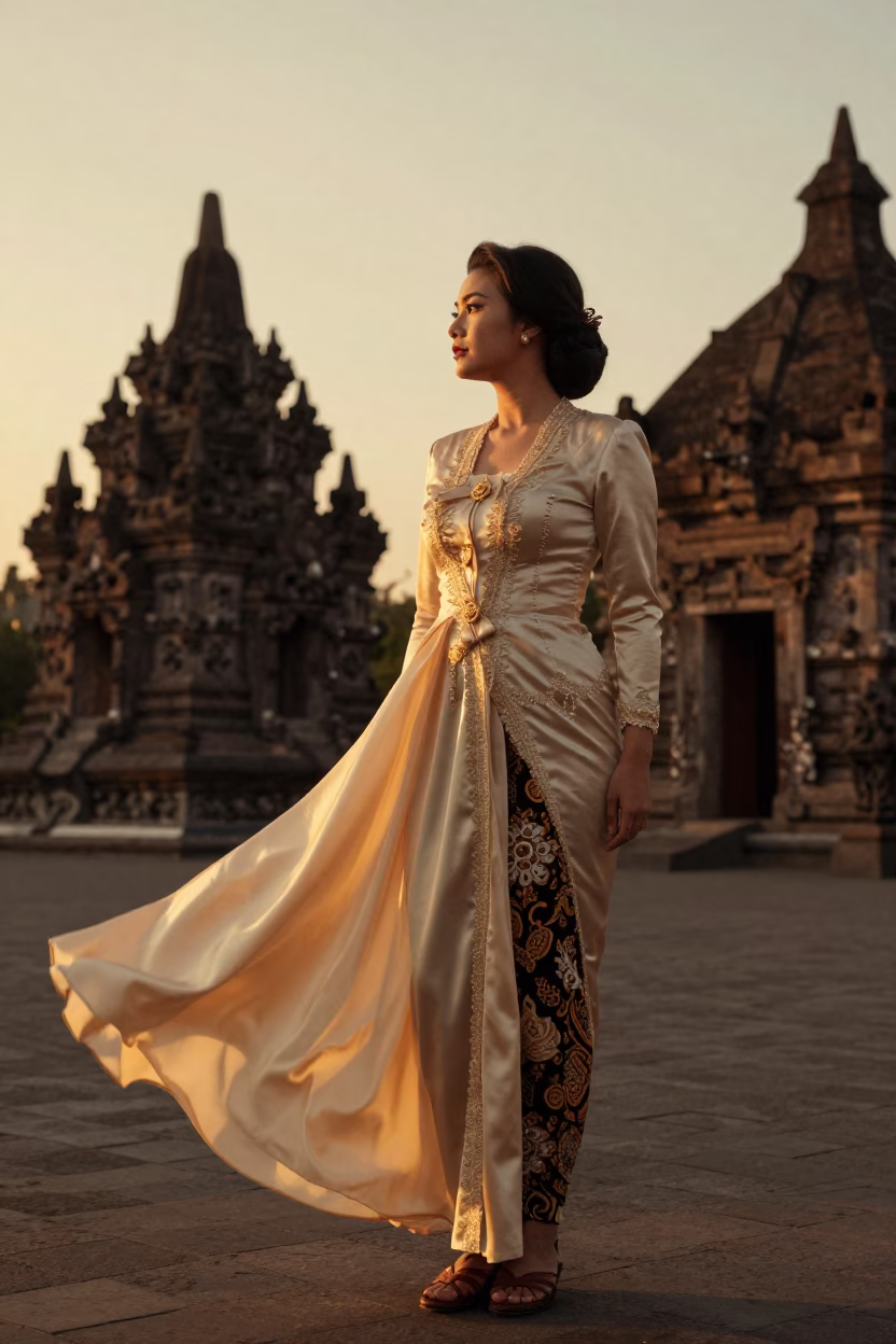 Vintage 1950s Fashion Portrait of Javanese Woman in Yogyakarta Sunset Light in in Yogyakarta, Indonesia