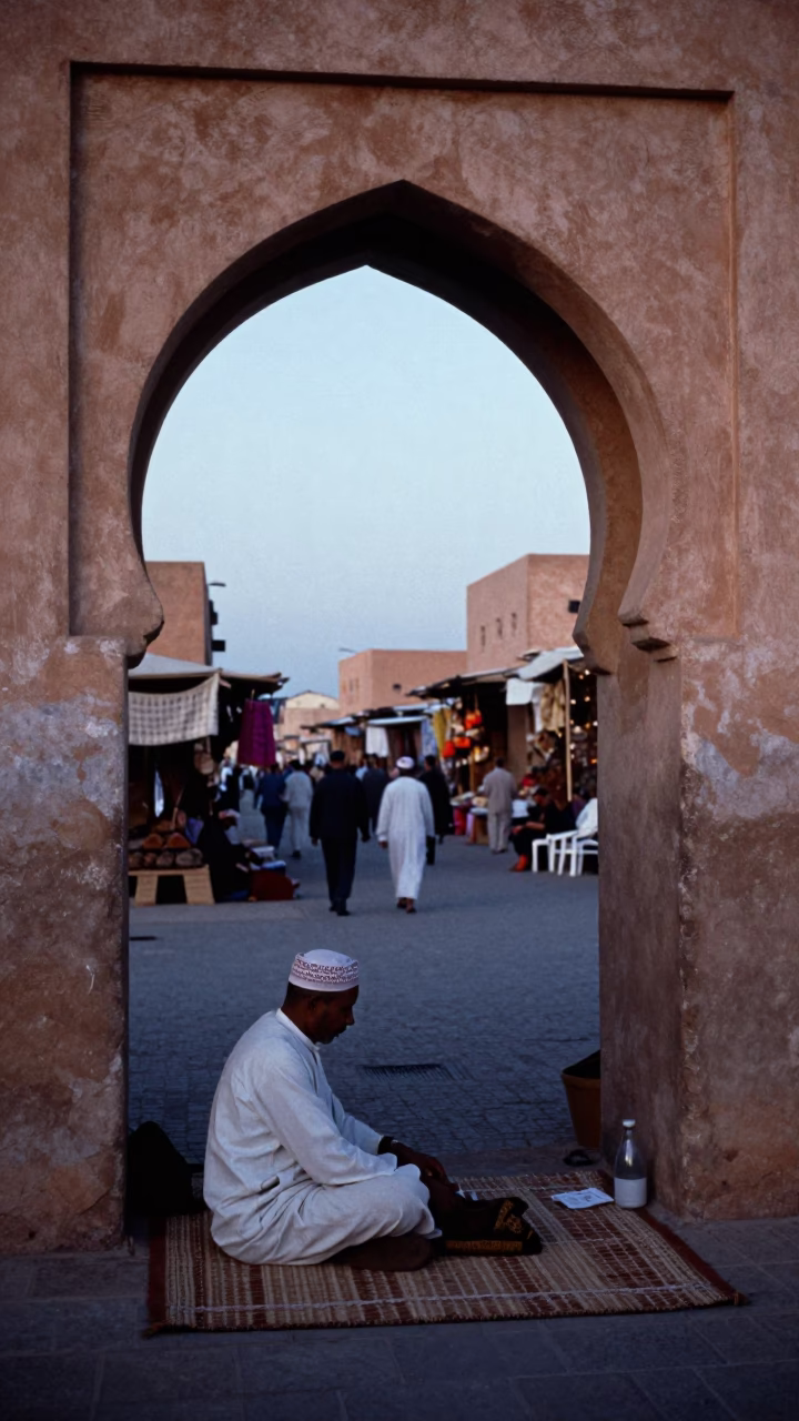 Vintage 1950s Fez Morocco Nautical Dawn Street Scene with Local Artisan in in Fez, Morocco