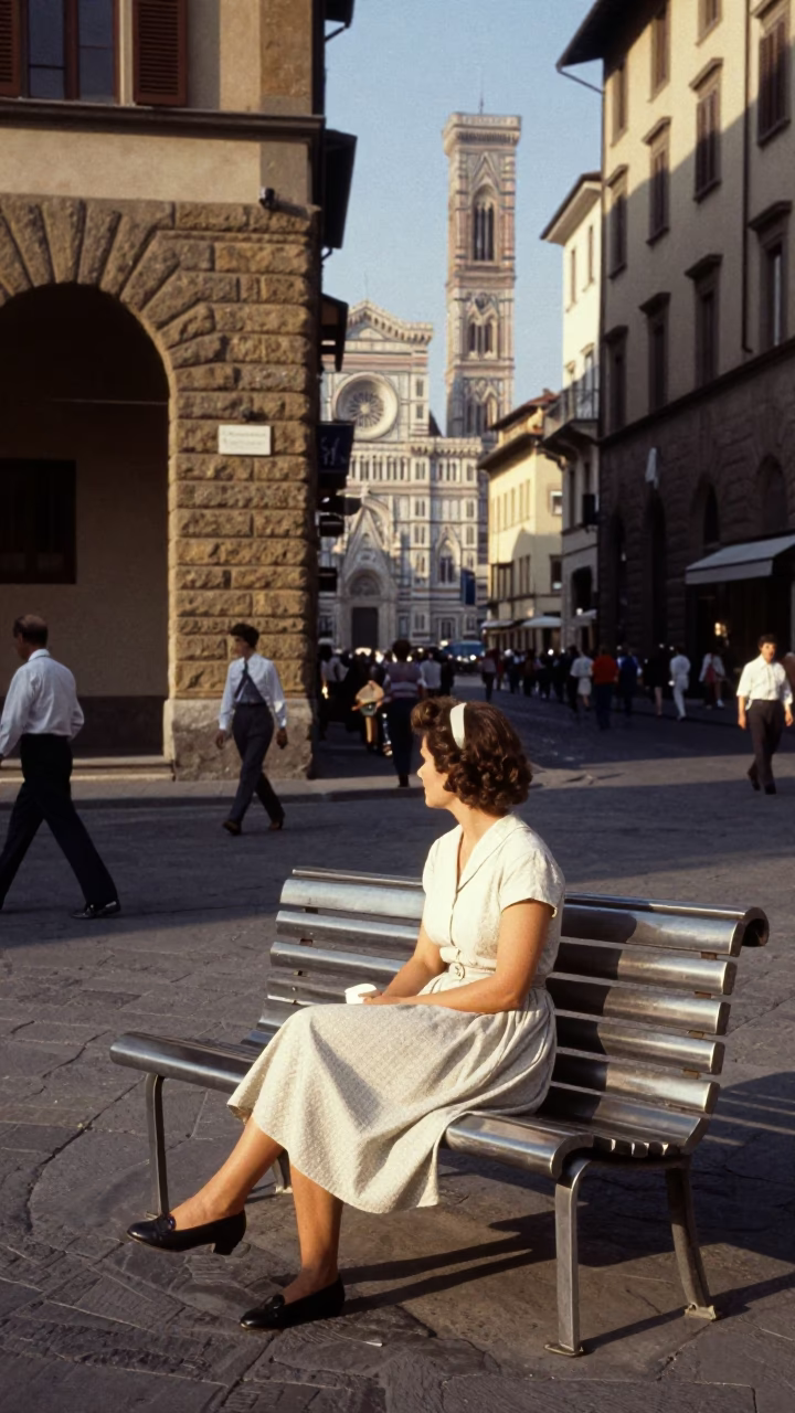 Vintage 1950s Florence Italy Street Scene with Brushed Steel Bench and Sun Hat in in Florence, Italy