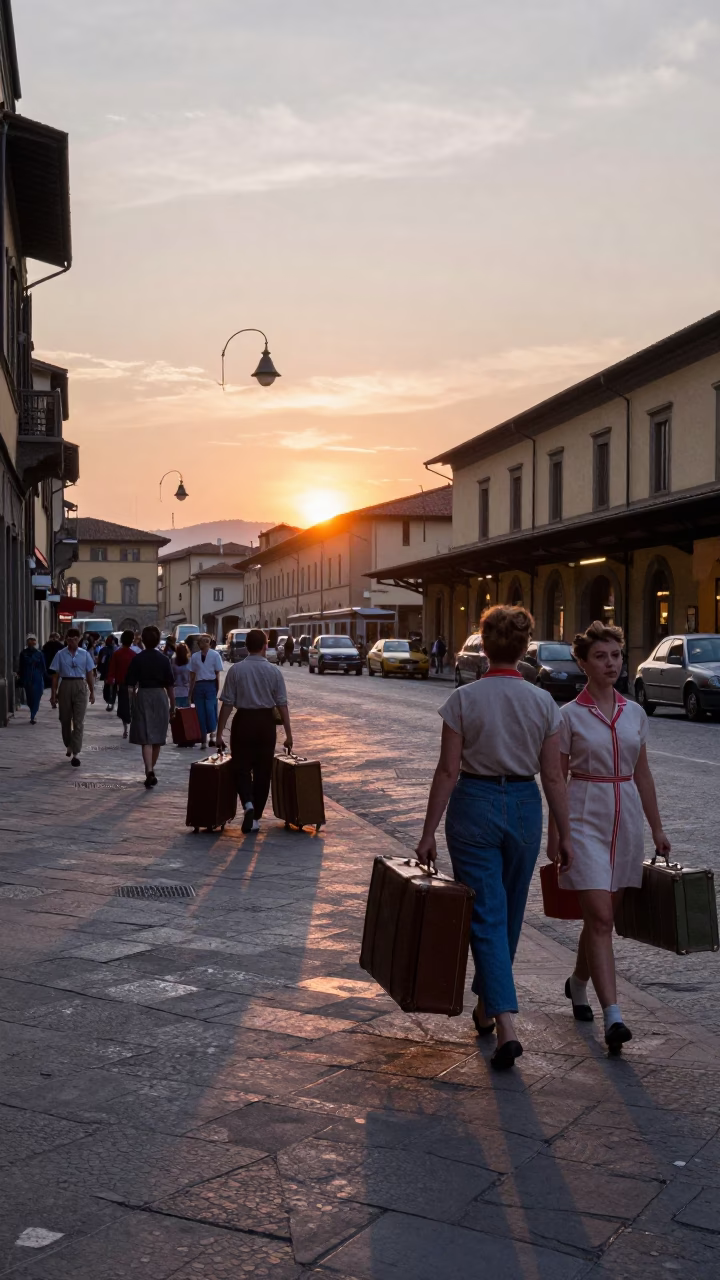 Vintage 1950s Florence Italy Street Scene with Suitcases and Evening Light in in Florence, Italy